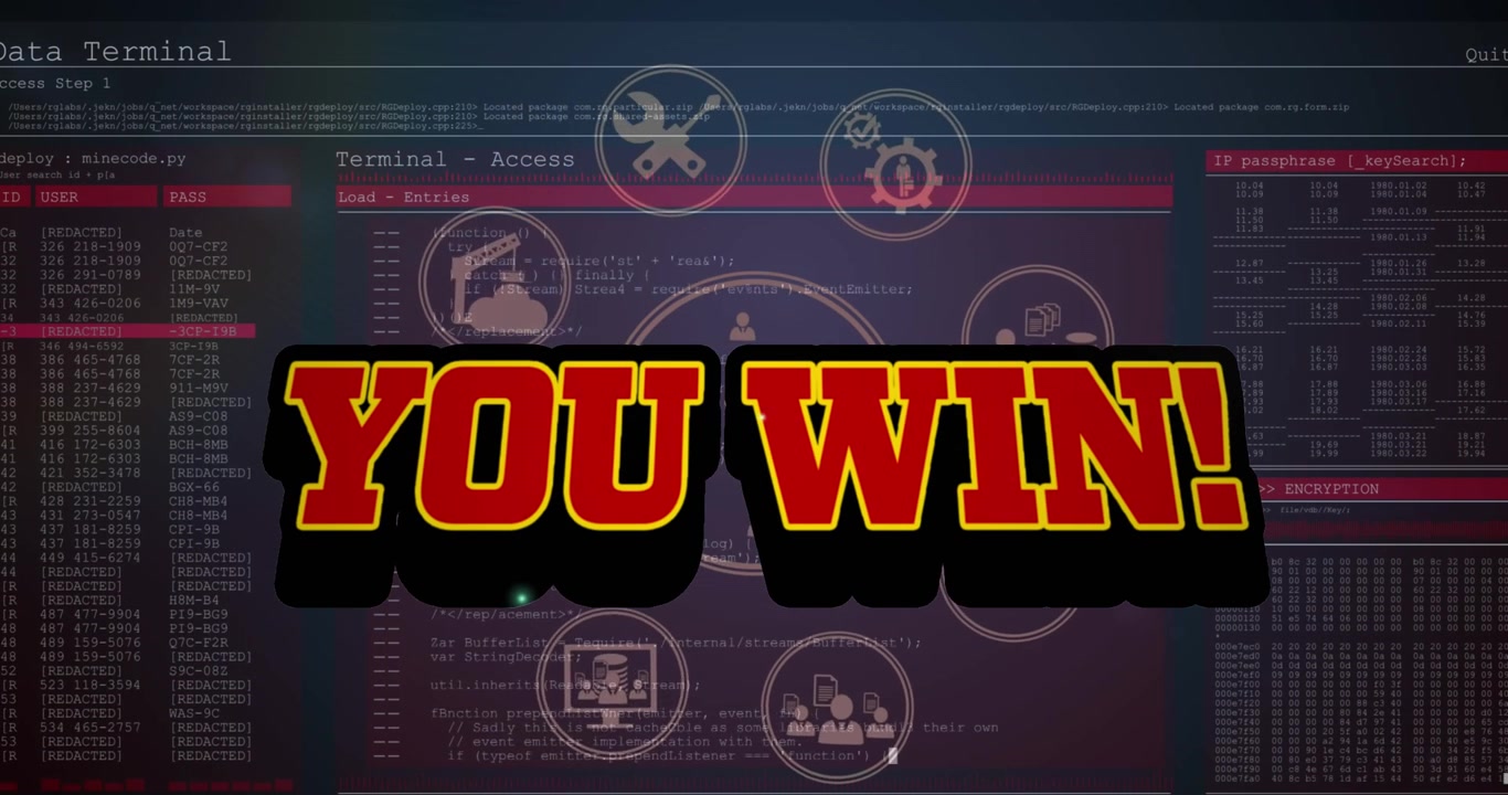 Animation of you win text over data processing on dark background