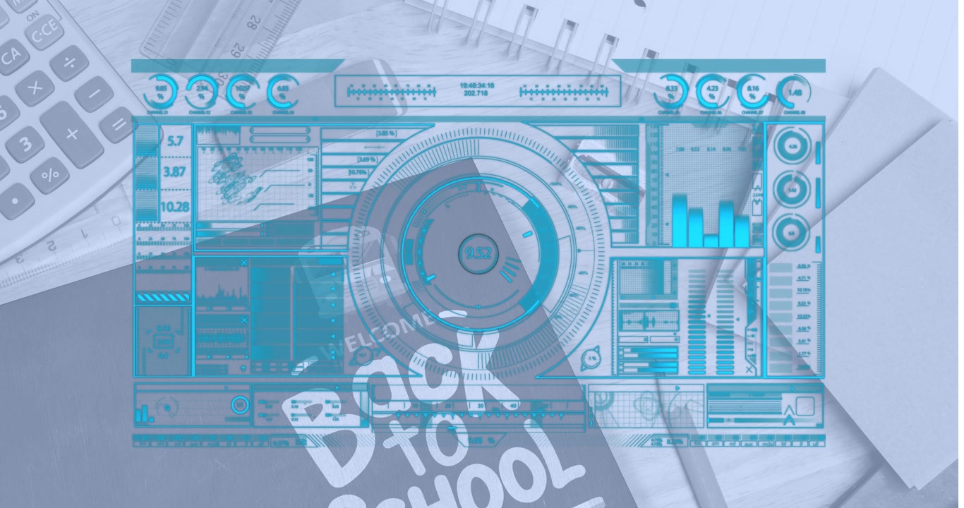 Animation of financial data processing over school text and items