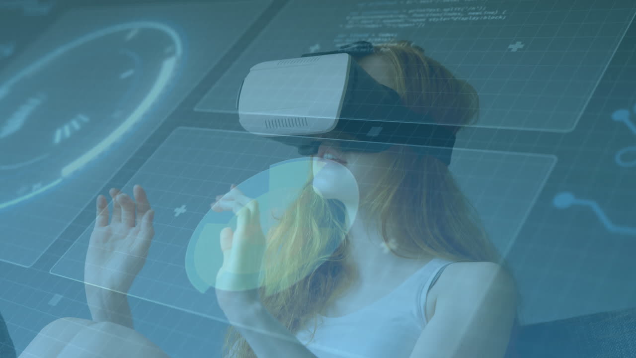 Animation of scope scanning and data processing on screens over woman wearing vr headset