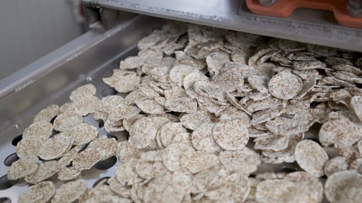 Close shot of a einkorn chips coming out of a machine