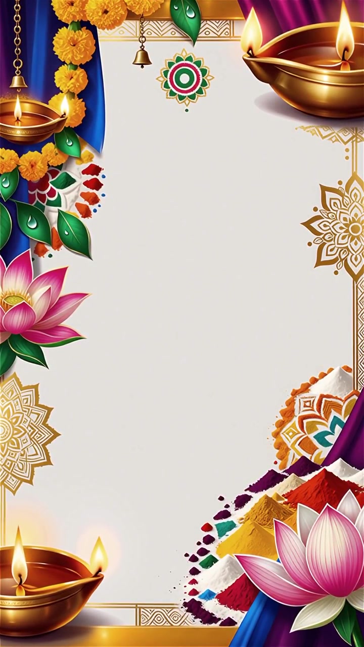 Sfondo Diwali con Diyas luminosi, Rangoli e fiori di loto