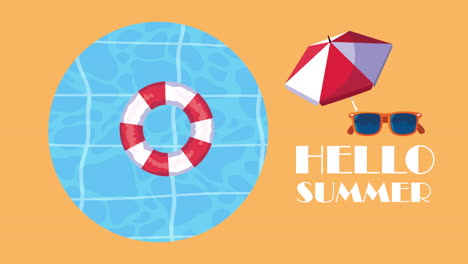 hello summer lettering with umbrella and sunglasses