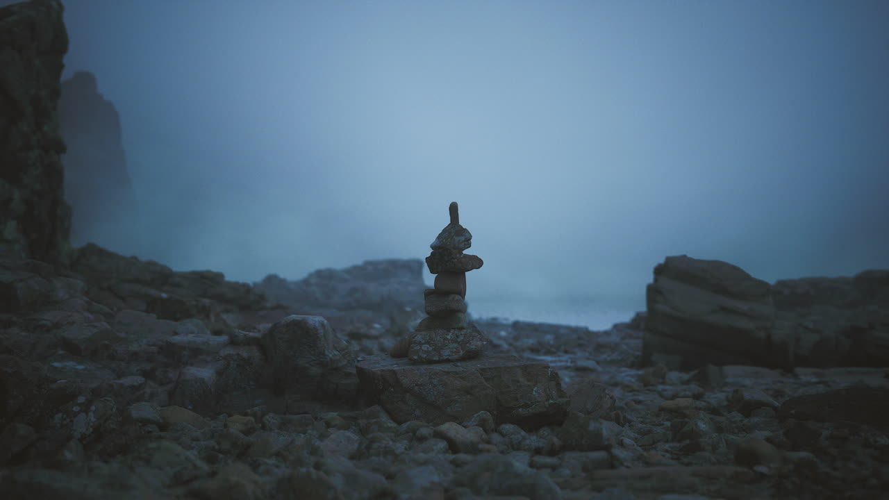 Sculpture of stacked stones on a rocky shore during a foggy evening