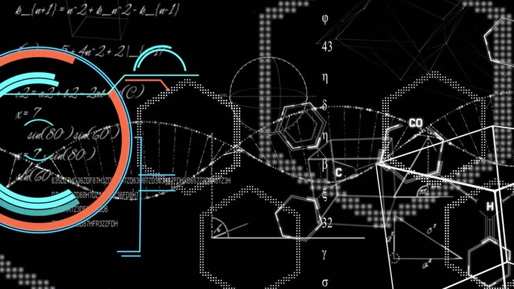 Round scanner and dna structure spinning over mathematical equations against black background