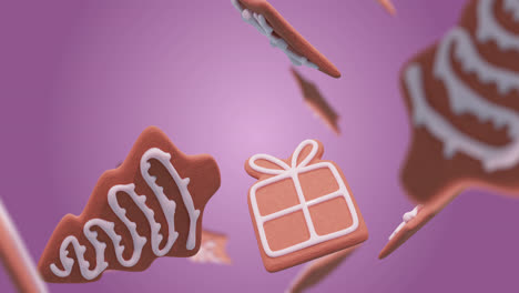 Animation-Von-Lebkuchen,-Die-Zu-Weihnachten-Auf-Lila-Hintergrund-Fallen