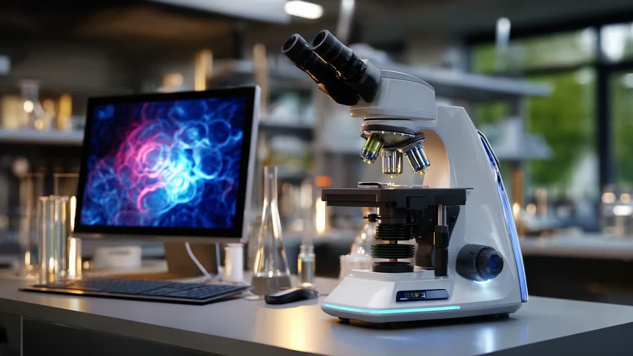 A modern laboratory setup featuring a high-resolution microscope positioned beside a computer screen, showcasing vibrant scientific visuals, indicative of advanced research and discovery in biological sciences