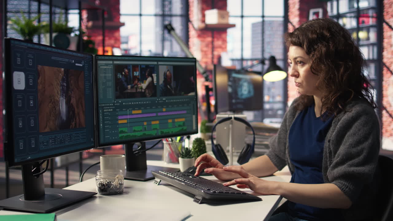 Female videographer working with dual monitors at the creative agency
