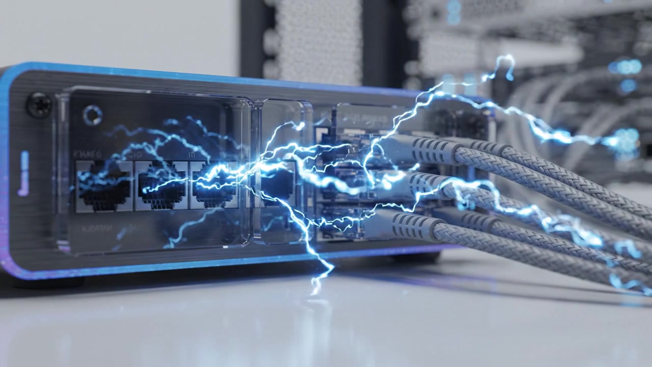 Detailed Close-Up of Networking Equipment Highlighting Ports, Cables, and Connectivity Features in a Modern Data Center Setup