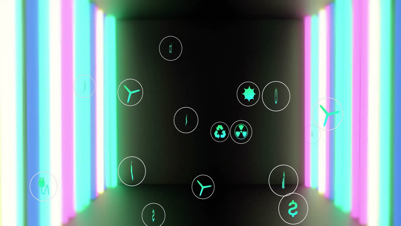 Illuminating futuristic symbols, neon lights glowing in dark corridor with animation