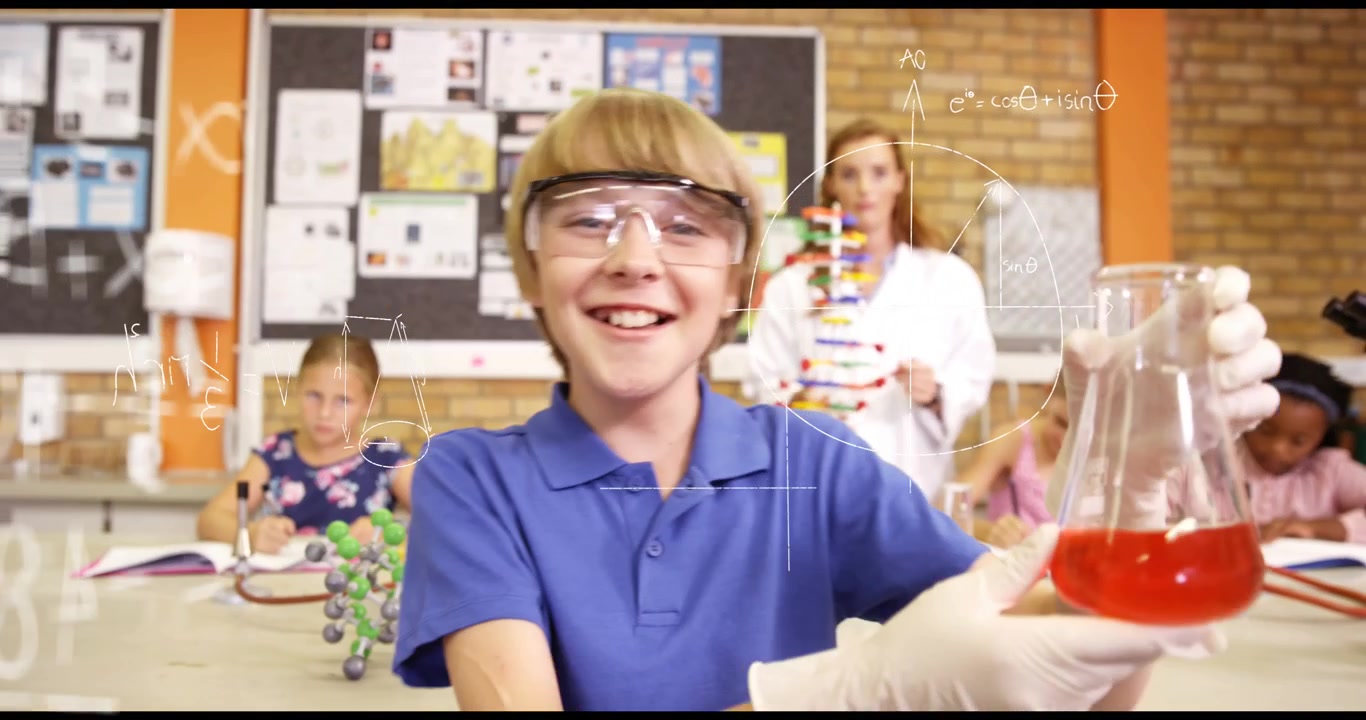 Animation of scientific data processing over caucasian boy in laboratory
