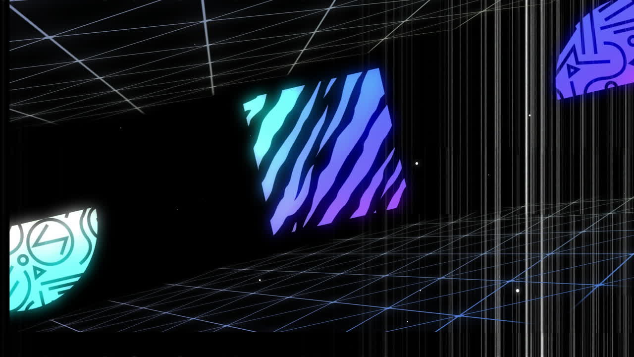 Geometric shapes and patterns animation over grid lines and black background