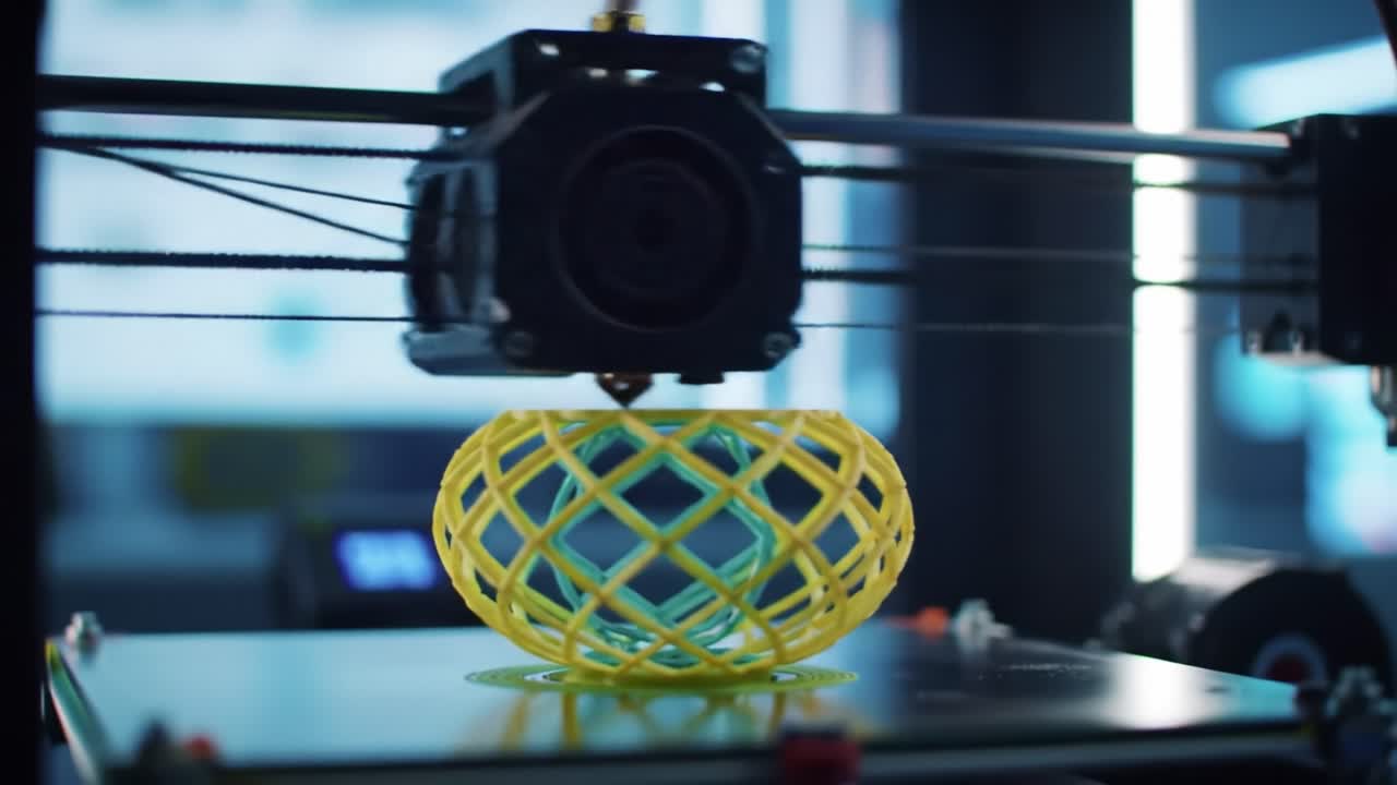 Innovative 3D Printing Process Captured: A Close-Up on the Transformation of a Complex Design from Orange to Yellow in a High-Tech Printing Environment