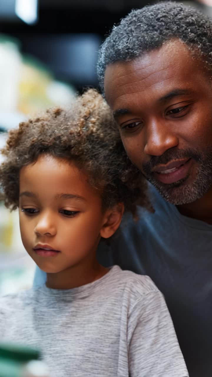 Un padre e sua figlia condividono un momento di scoperta, esplorando insieme le meraviglie dell'apprendimento in un vivace ambiente di negozio
