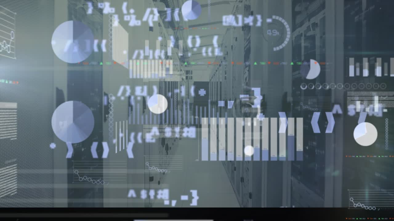 Animasjon av digital infografikk-grensesnitt med repeterende symboler, grafer og data over et serverrom.