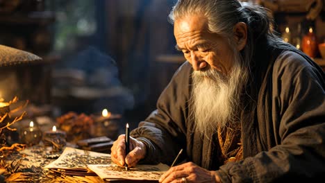 elderly man working on ancient manuscripts in a dimly lit workshop