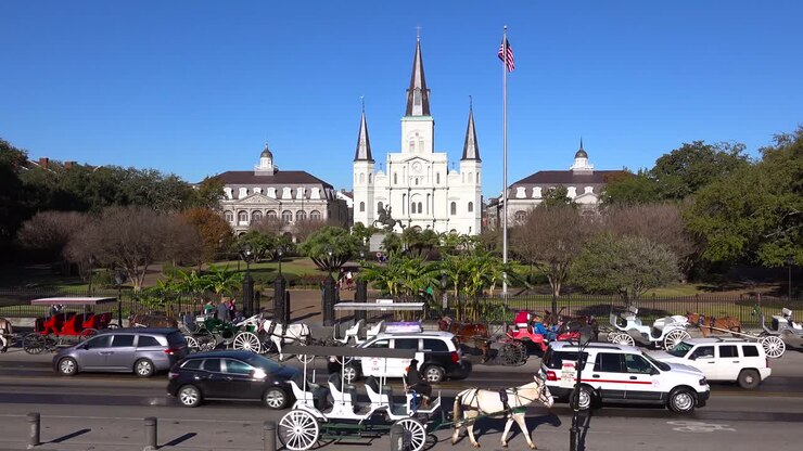 Beautiful Jackson Square with traffic in new Orleans Louisiana