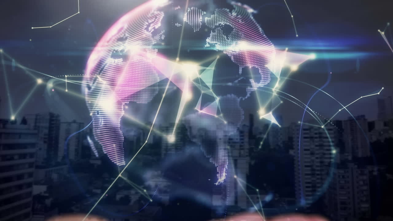 animación del globo de la red de conexiones sobre la mano del hombre y el paisaje urbano