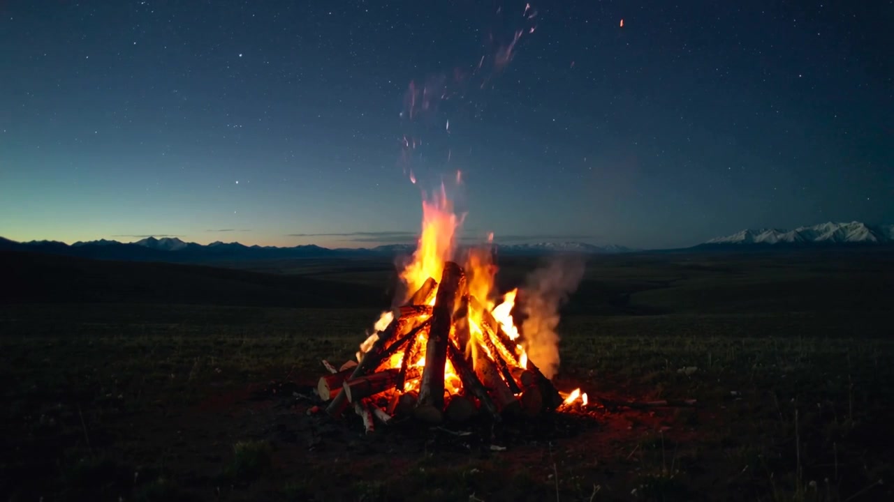 Eine leichte Brise lässt ein Lagerfeuer auf einer Wiese in der Dämmerung flackern, Funken steigen auf und Glut glüht.