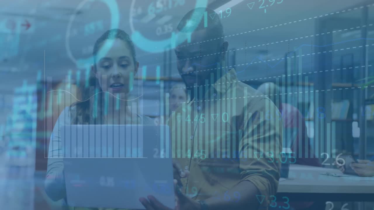 Animation of statistical data processing on diverse man and woman discussing over a laptop at office