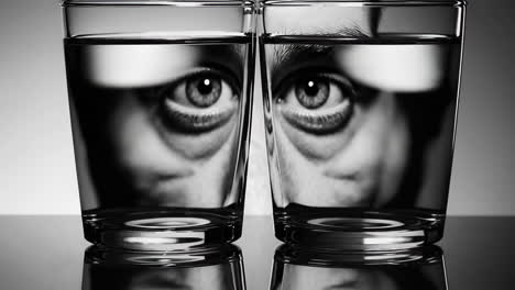distorted eyes reflected in water glasses
