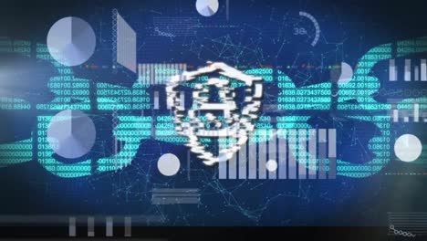 Animation of lock pad in shield over blockchains, graphs and dots interconnecting with lines