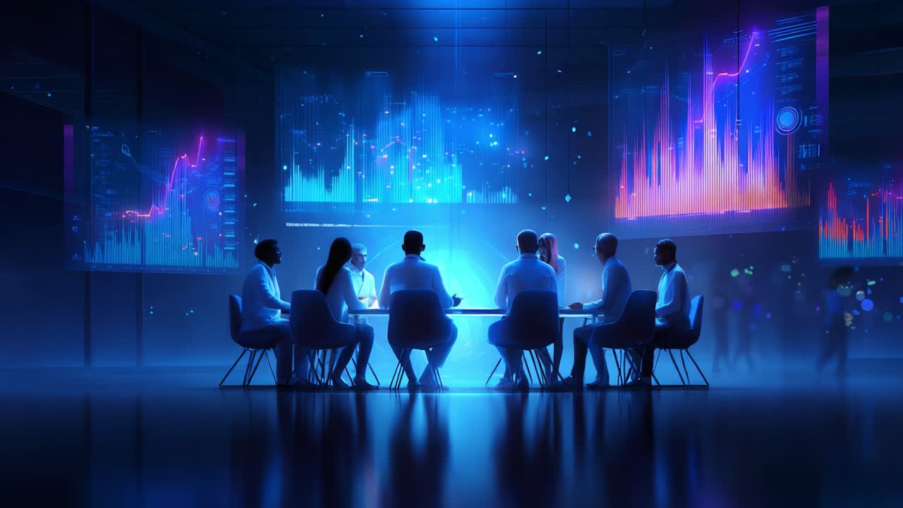 A group of professionals engages in a strategic meeting illuminated by vibrant data visuals, showcasing deep analytical discussions and collaborative efforts in a dynamic environment