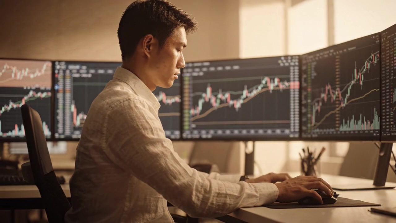 Fokusert trader som analyserer aksjemarkedstrender ved hjelp av flere skjermer på et lyst kontor, og viser ulike finansielle grafer og data i sanntid for optimal beslutningstaking.