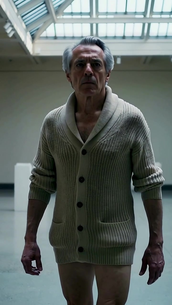 Vertical video: Walking man in beige cardigan moving from right into skylit hall