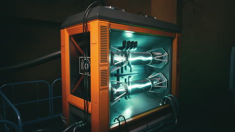 laboratorio futurista con reactor de energía avanzada con componentes brillantes