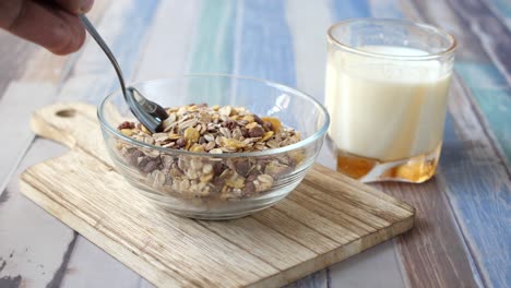 breakfast of muesli with milk