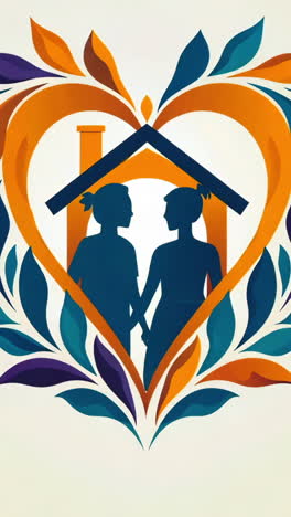 a heart with a house inside of it. the house is surrounded by leaves. the image is of a couple holding hands