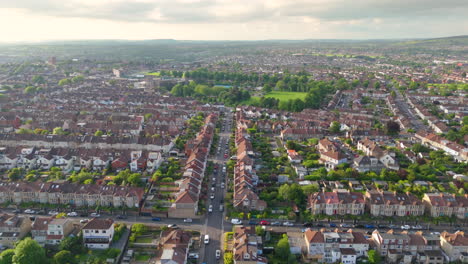 High-panoramic-aerial-trucking-view-of-South-Bristol-residential-neighborhood