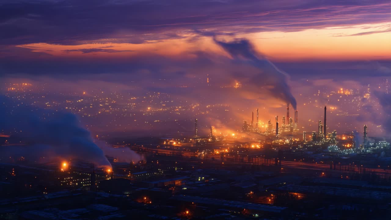 Vista aérea de una planta química al anochecer, que muestra emisiones, estructuras industriales y un cielo colorido que mezcla tonos amarillos, naranjas y morados.