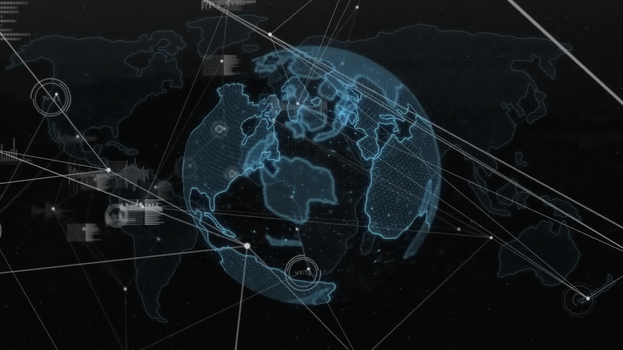 다이어그램의 애니메이션과 전 세계 및 세계 지도에 대한 데이터 처리가 검은 바탕에