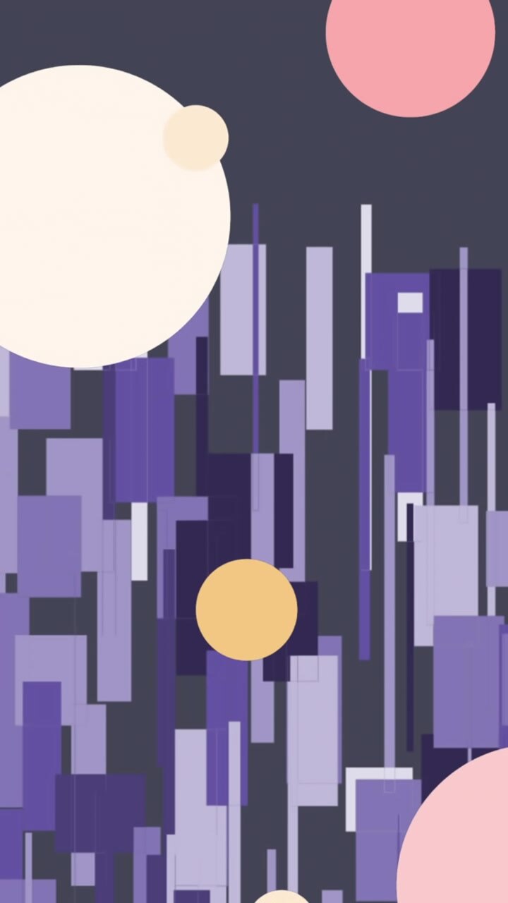 Animation of colorful dots flying over geometrical shapes on dark background