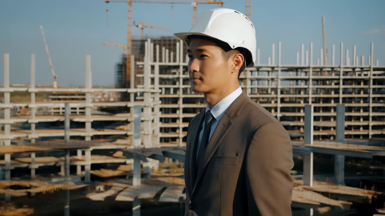 Professional Man in Hard Hat Overlooking Construction Site