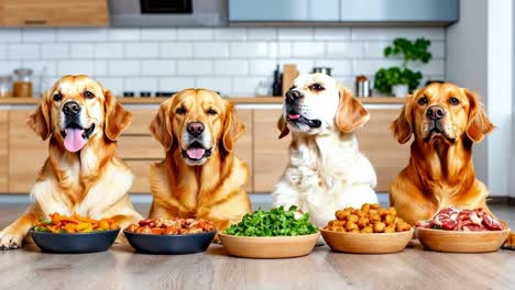 a group of dogs sitting in front of bowls of food