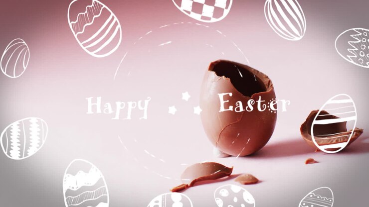 Animation of happy easter text over easter eggs and cracked chocolate egg on pink background