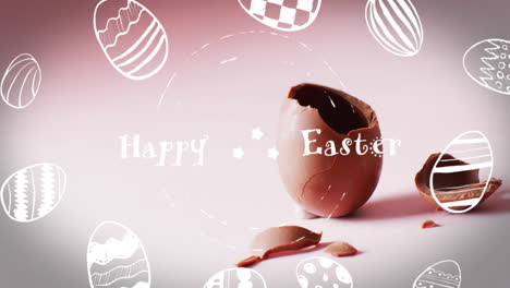 animación de feliz texto de pascua sobre huevos de pascua y huevo de chocolate roto sobre fondo rosa