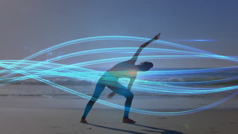 animation of blue lines over caucasian woman praciticing yoga on beach