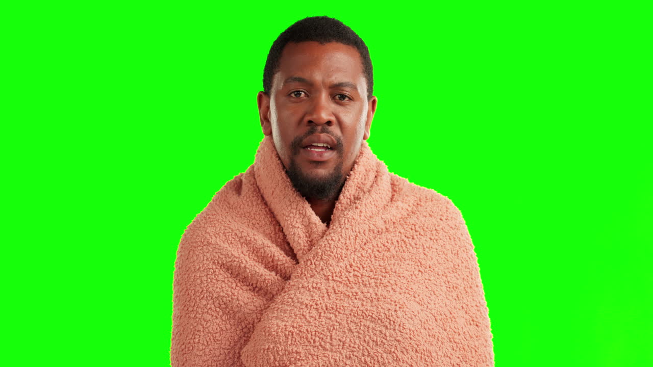Forkølelse, influenza og sort mands ansigt foran green screen