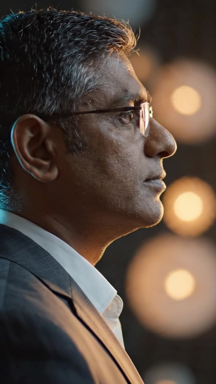 A Thoughtful Man in Profile Contemplating Existence Amidst Abstract Lights and Soft Focus Background, Captured in Two Dramatic Frames