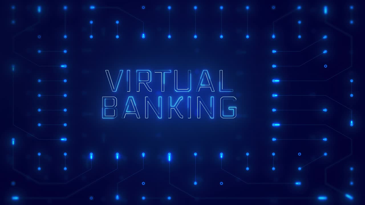 Animeret virtuel banktekst på digital kredsløbsbaggrund