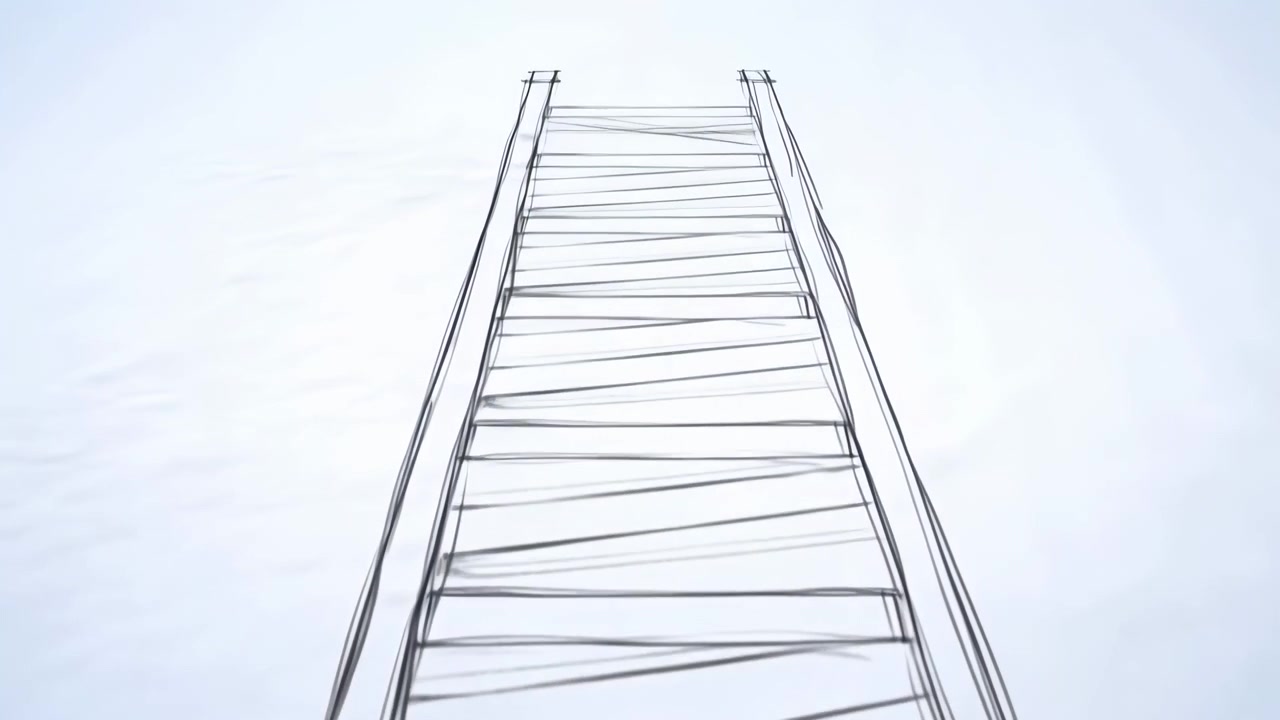 Prospettiva dal basso che guarda verso l'alto lungo binari metallici paralleli e pioli distanziati uniformemente, creando un forte scorcio, linee convergenti, uno sfondo di cielo pallido, geometria nitida e un'atmosfera calma e minimale.