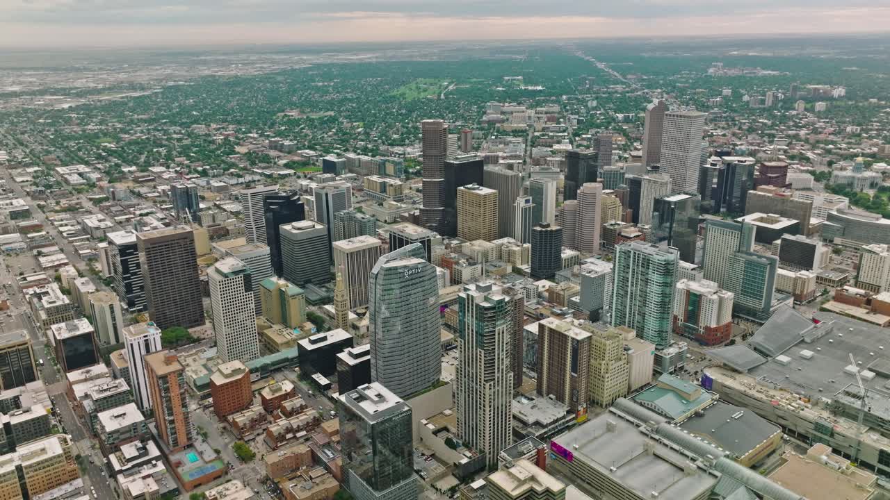 Aerial view of residential neighborhood with view of downtown Denver