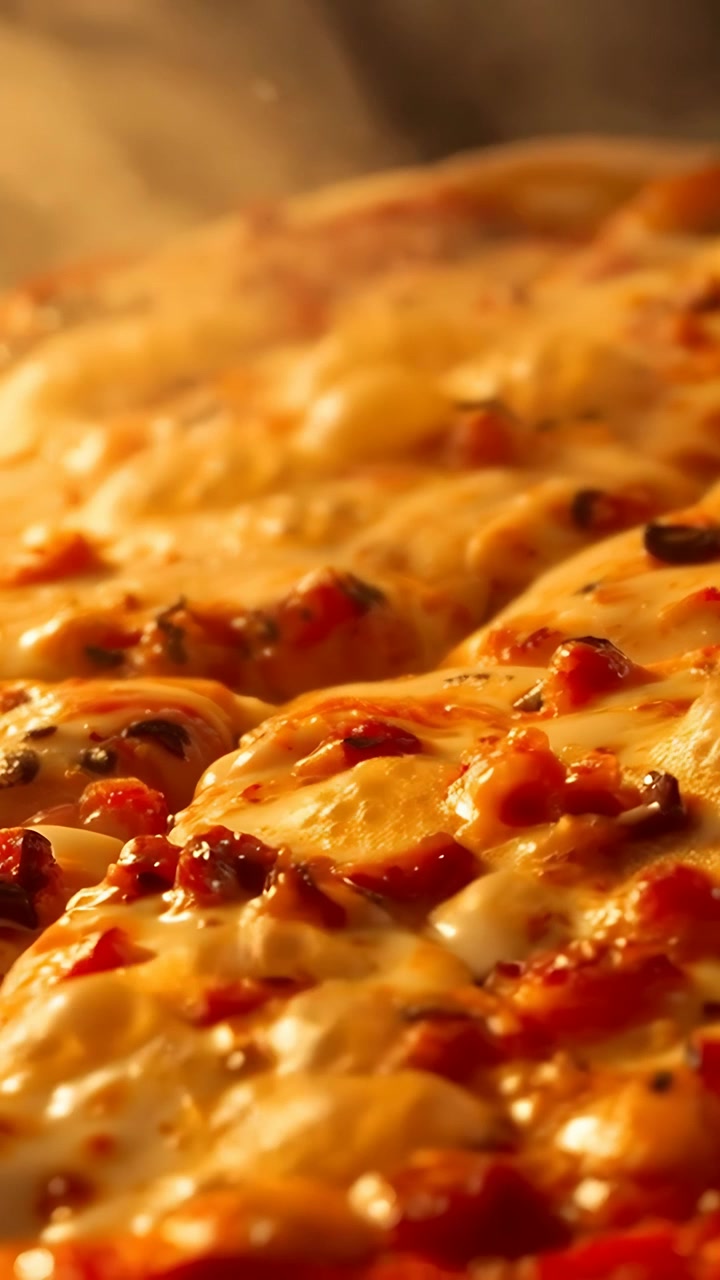 Video verticale: Pizza al formaggio che sobbolle sotto il calore del forno su una teglia, rivelando vapore e condimenti.