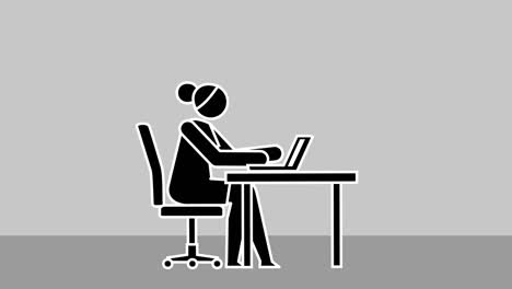 figura de palo de dibujos animados personaje femenino trabajo desde el ordenador portátil lugar de trabajo animación de bucle aislado con luma mate