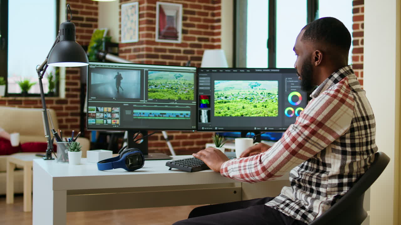 editor de video masculino trabaja desde la oficina de casa moderna en la sala de estar