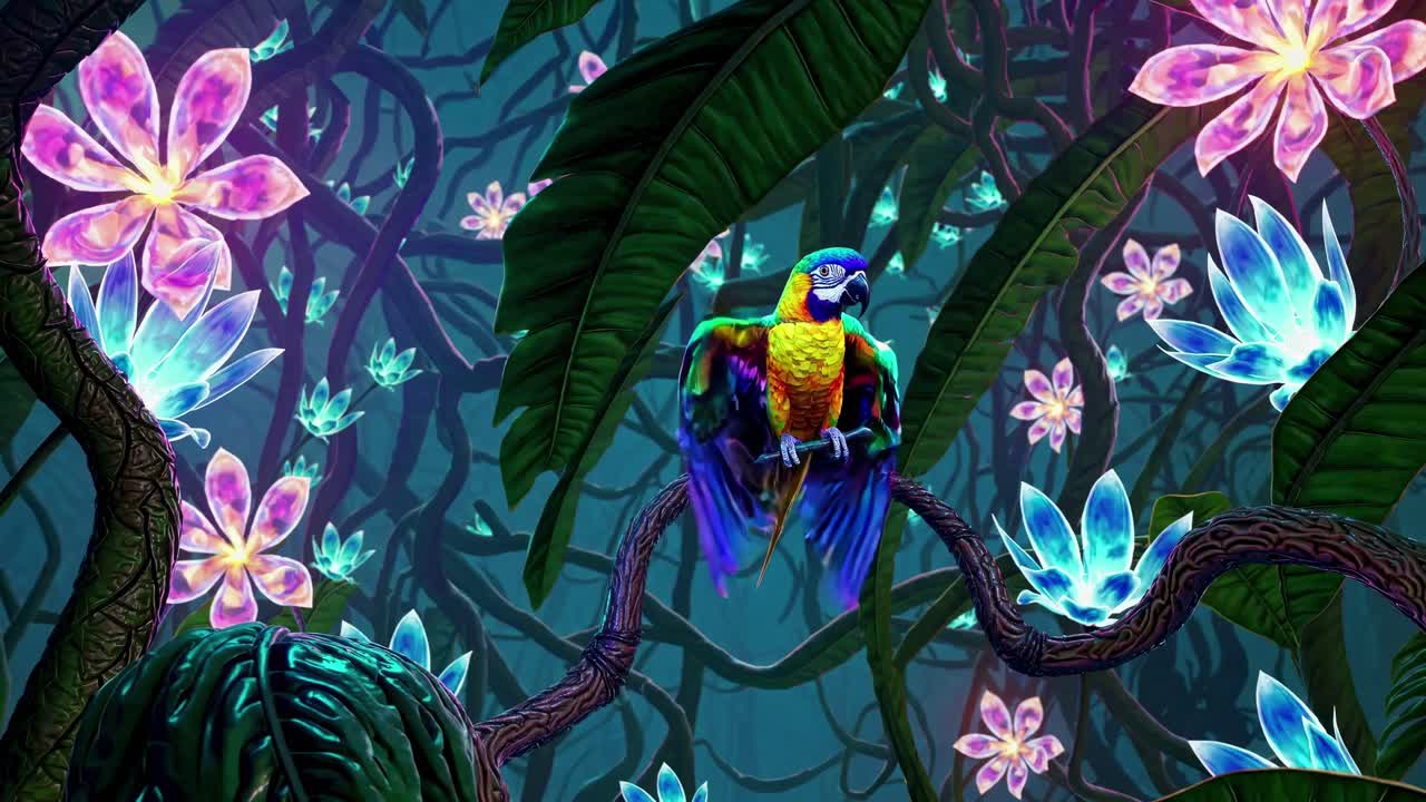 Vibrant parrot in a neon jungle with glowing flowers, captured from a low angle