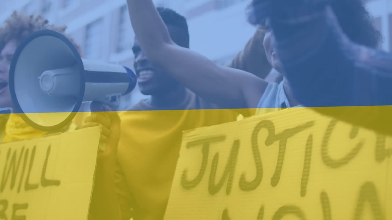 анимация флага украины над различными протестующими